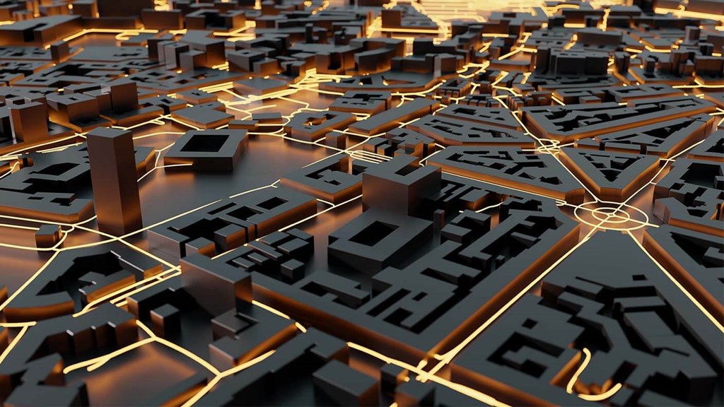 Three-dimensional network city model with glowing orange connectivity routes